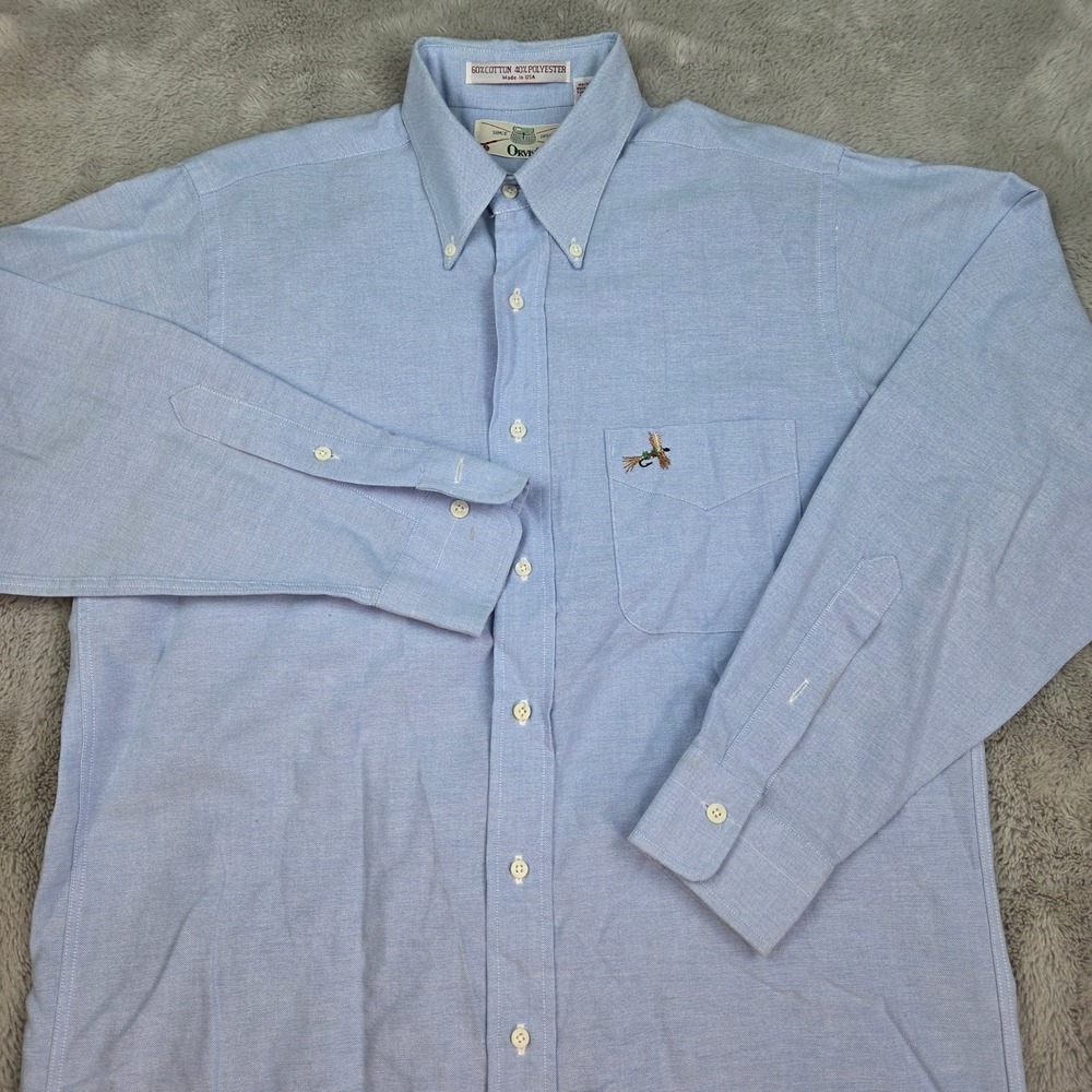 Orvis Oxford Button Down Shirt Mens 15-32 Fly Fishing Lure Embroidery Light Blue